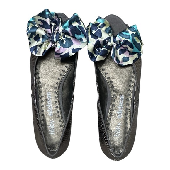 Libby Edelman Kendra Snake Print Pewter Peep Toe Bow Flats Women’s 8.5 Slip On - Picture 2 of 10
